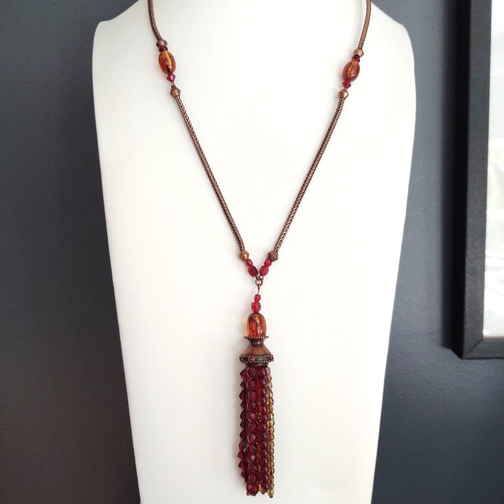 Copper, red, amber and yellow tassel necklace